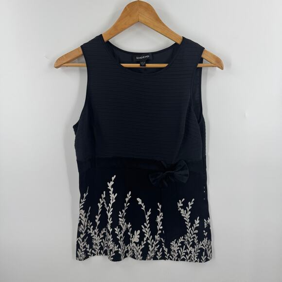 Bebe Y2K Silk Floral Bow Waist Sleeveless Top Black White Round Neck Size S - Picture 7 of 7